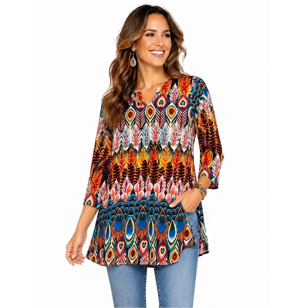 Lifestyle‎ Boho Peacock Feather Tunic Small Top Colorful Statement Flowy Blouse